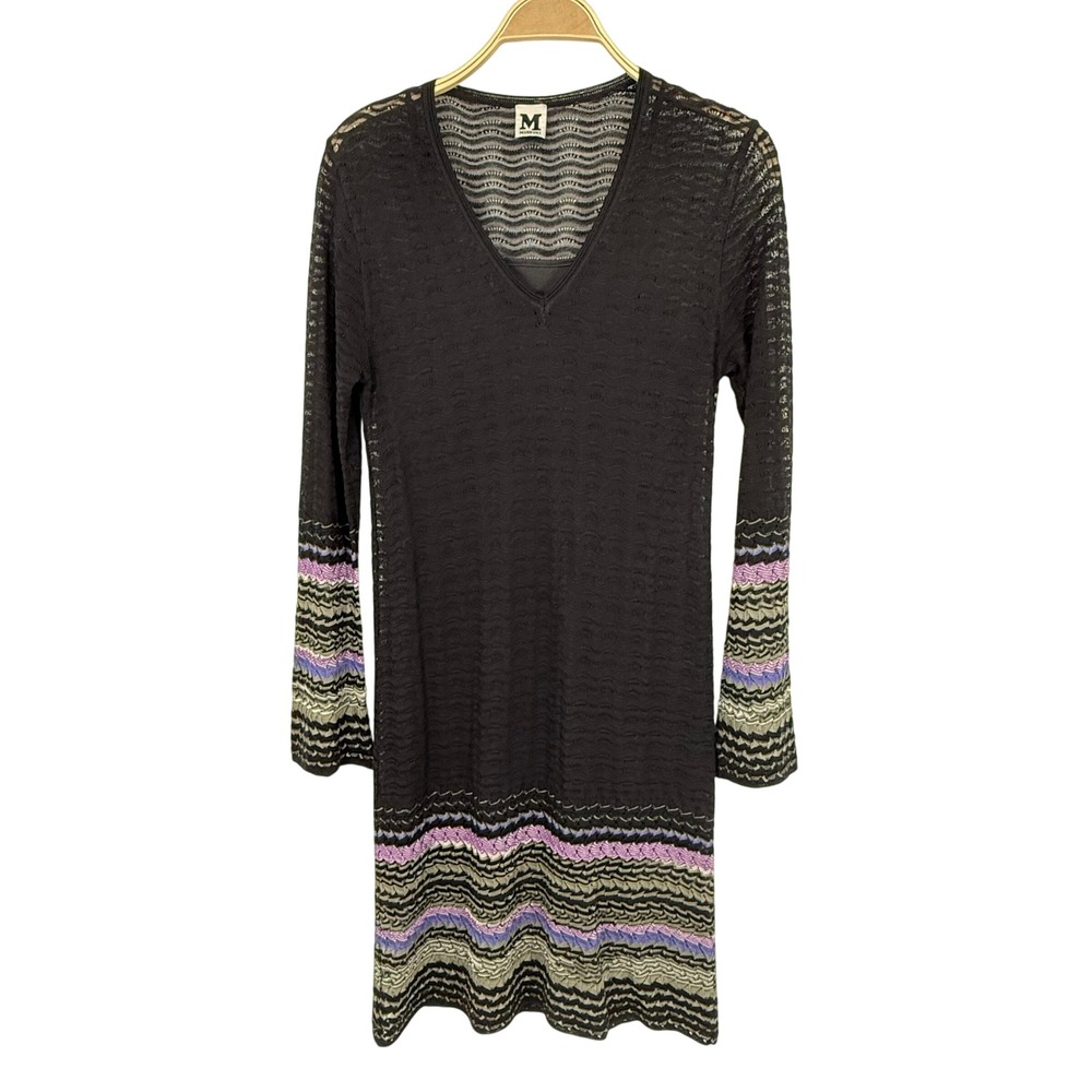 M Missoni Knit Dress Womens 44 Black Zigzag Crochet V-Neck Long Sleeve